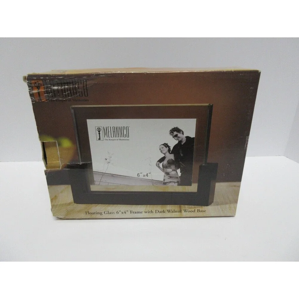 Melannco Floating Glass 6x4 Picture Frame W/Dark Walnut Wood Base W/Box